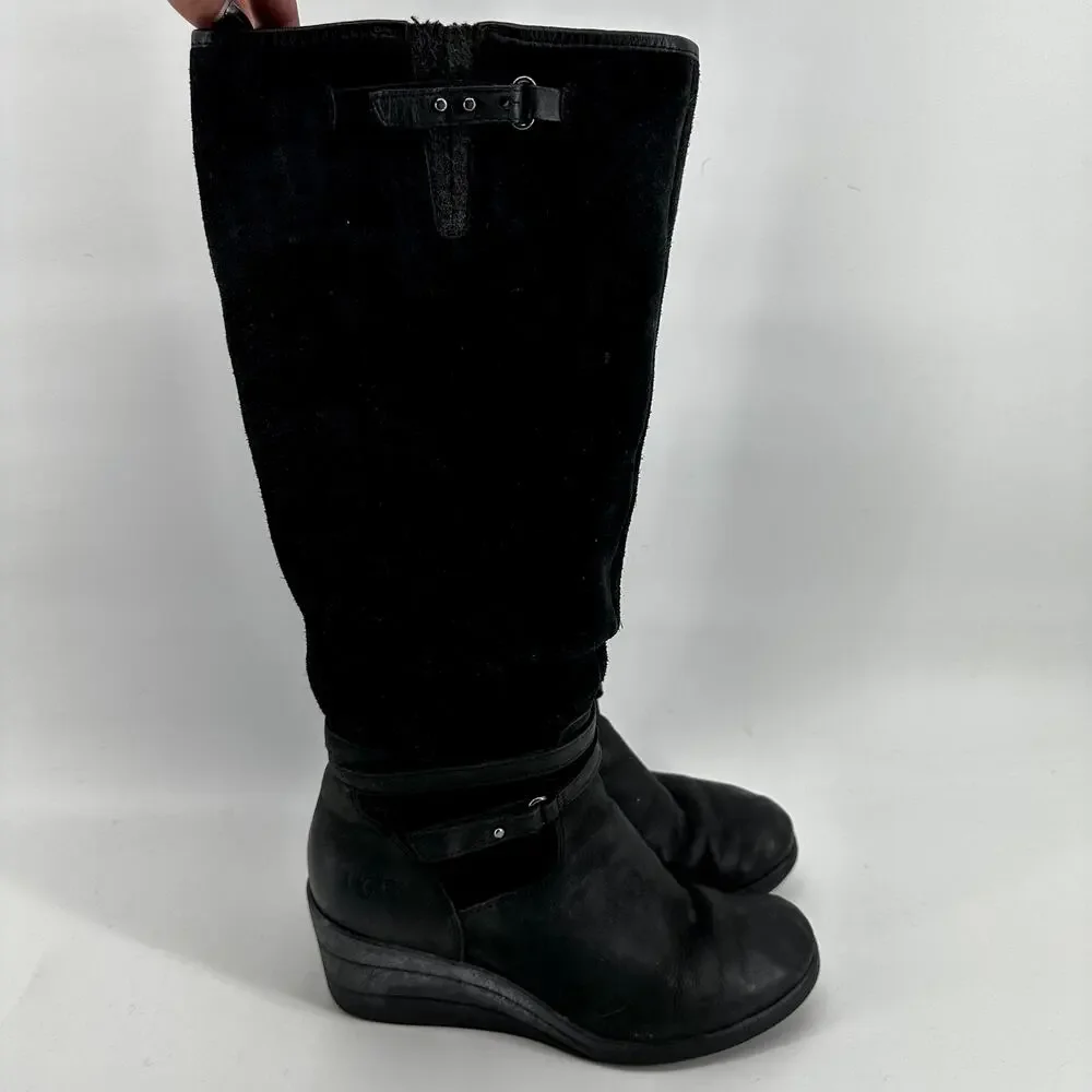 UGG Lesley Wedge Knee High Boots Waterproof Buckle Zip Suede Leather Black 6